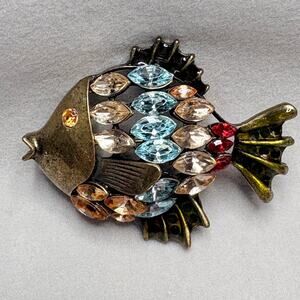 Vintage Fish Brooch- Whimsical Rhinestone Figural Pin- Roman